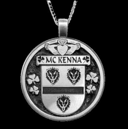 Image 0 of McKenna Irish Coat Of Arms Claddagh Round Silver Family Crest Pendant