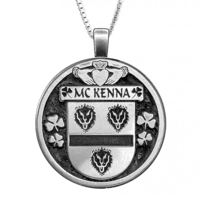 Image 1 of McKenna Irish Coat Of Arms Claddagh Round Silver Family Crest Pendant