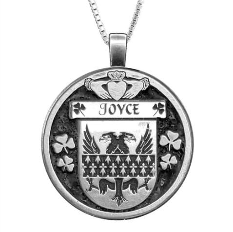 Image 1 of Joyce Irish Coat Of Arms Claddagh Round Pewter Family Crest Pendant