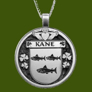Image 0 of Kane Irish Coat Of Arms Claddagh Round Pewter Family Crest Pendant