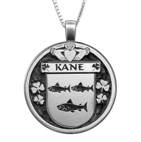 Image 1 of Kane Irish Coat Of Arms Claddagh Round Pewter Family Crest Pendant