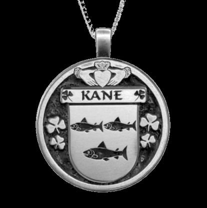 Image 0 of Kane Irish Coat Of Arms Claddagh Round Silver Family Crest Pendant