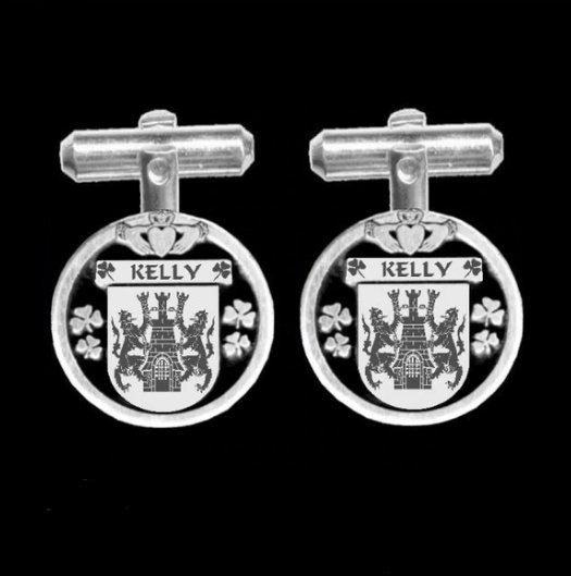Image 0 of Kelly Irish Coat Of Arms Claddagh Sterling Silver Family Crest Cufflinks