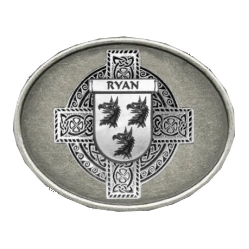 Image 1 of Ryan Irish Coat of Arms Oval Antiqued Mens Sterling Silver Belt Buckle