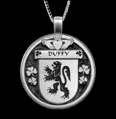 Image 0 of Duffy Irish Coat Of Arms Claddagh Round Silver Family Crest Pendant