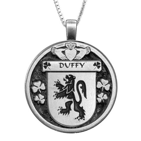 Image 1 of Duffy Irish Coat Of Arms Claddagh Round Silver Family Crest Pendant