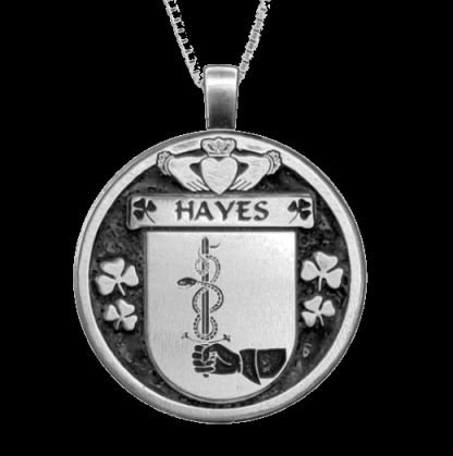 Image 0 of Hayes Irish Coat Of Arms Claddagh Round Silver Family Crest Pendant