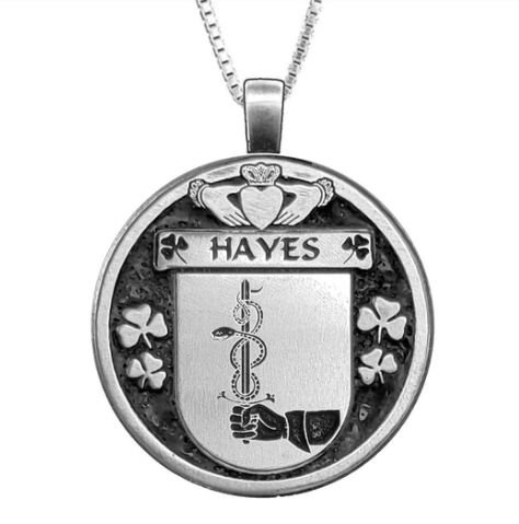 Image 1 of Hayes Irish Coat Of Arms Claddagh Round Silver Family Crest Pendant