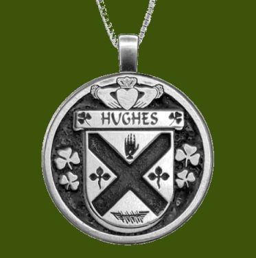 Image 0 of Hughes Irish Coat Of Arms Claddagh Round Pewter Family Crest Pendant