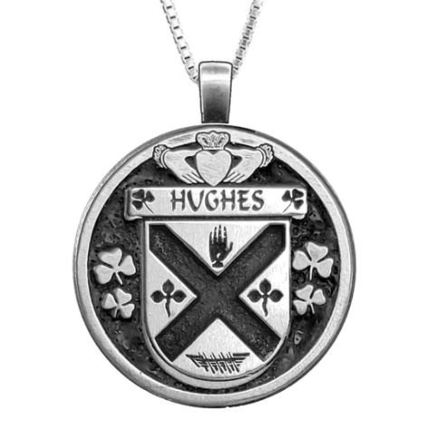 Image 1 of Hughes Irish Coat Of Arms Claddagh Round Pewter Family Crest Pendant