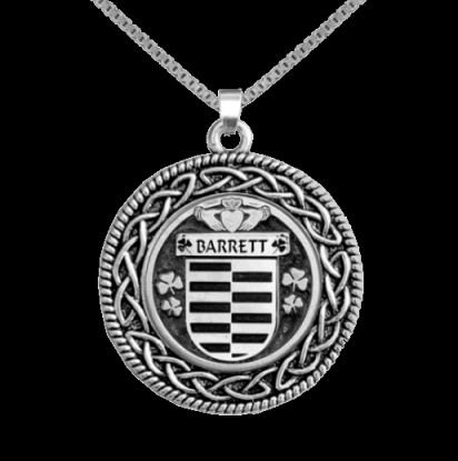Image 0 of Barrett Irish Coat Of Arms Interlace Round Silver Family Crest Pendant