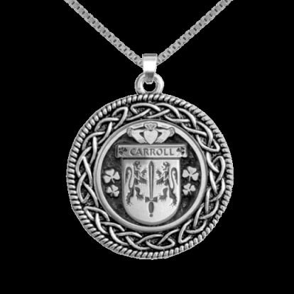 Image 0 of Carroll Irish Coat Of Arms Interlace Round Silver Family Crest Pendant