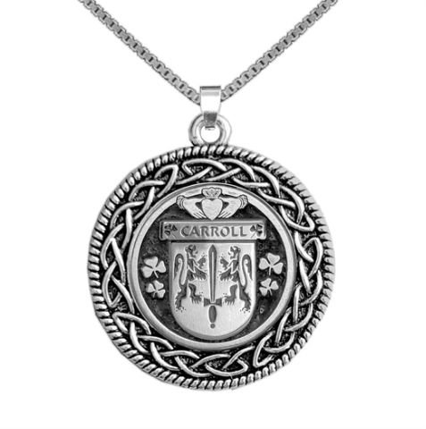 Image 1 of Carroll Irish Coat Of Arms Interlace Round Silver Family Crest Pendant