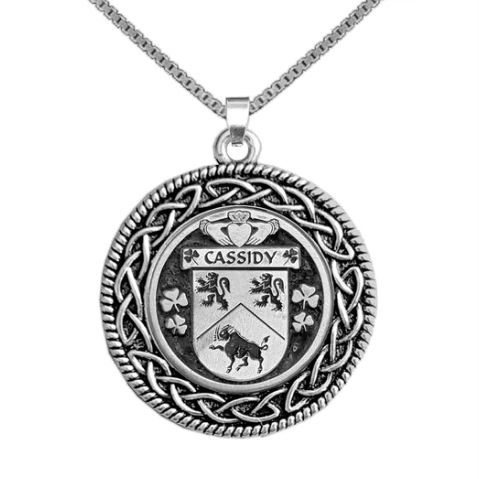 Image 1 of Cassidy Irish Coat Of Arms Interlace Round Pewter Family Crest Pendant