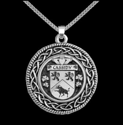 Image 0 of Cassidy Irish Coat Of Arms Interlace Round Silver Family Crest Pendant