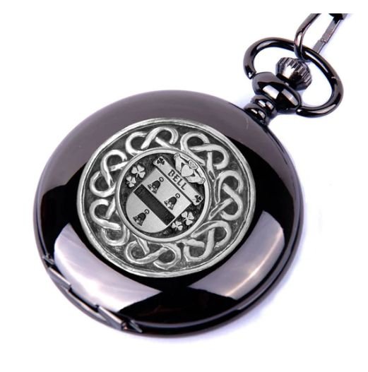 Image 1 of Bell Irish Coat Of Arms Pewter Family Crest Black Hunter Pocket Watch