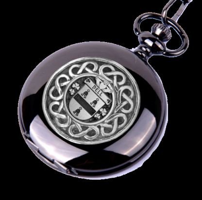 Image 0 of Bell Irish Coat Of Arms Silver Family Crest Black Hunter Pocket Watch