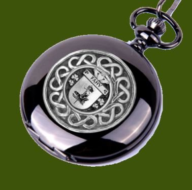 Image 0 of Fahy Irish Coat Of Arms Pewter Family Crest Black Hunter Pocket Watch