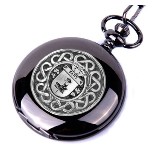 Image 1 of Fahy Irish Coat Of Arms Pewter Family Crest Black Hunter Pocket Watch