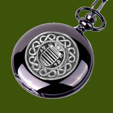 Image 0 of Barry Irish Coat Of Arms Pewter Family Crest Black Hunter Pocket Watch