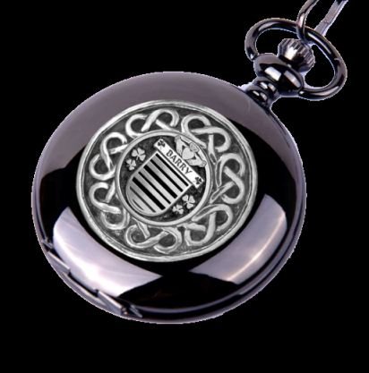 Image 0 of Barry Irish Coat Of Arms Silver Family Crest Black Hunter Pocket Watch