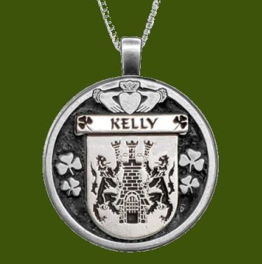 Image 0 of Kelly Irish Coat Of Arms Claddagh Round Pewter Family Crest Pendant