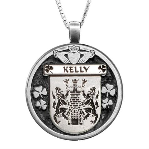 Image 1 of Kelly Irish Coat Of Arms Claddagh Round Pewter Family Crest Pendant