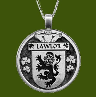 Image 0 of Lawlor Irish Coat Of Arms Claddagh Round Pewter Family Crest Pendant