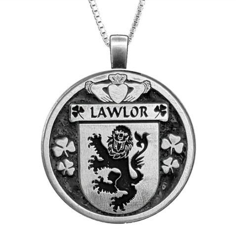 Image 1 of Lawlor Irish Coat Of Arms Claddagh Round Pewter Family Crest Pendant