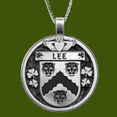Image 0 of Lee Irish Coat Of Arms Claddagh Round Pewter Family Crest Pendant
