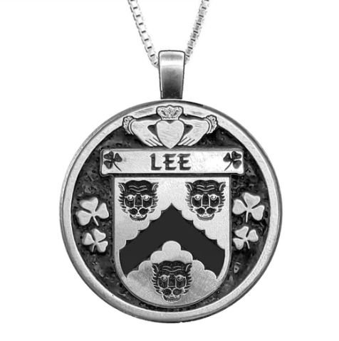 Image 1 of Lee Irish Coat Of Arms Claddagh Round Pewter Family Crest Pendant