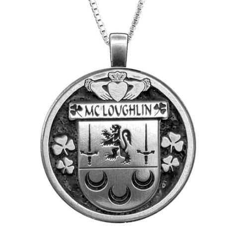 Image 1 of McLoughlin Irish Coat Of Arms Claddagh Round Pewter Family Crest Pendant