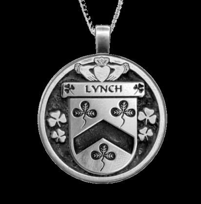 Image 0 of Lynch Irish Coat Of Arms Claddagh Round Silver Family Crest Pendant