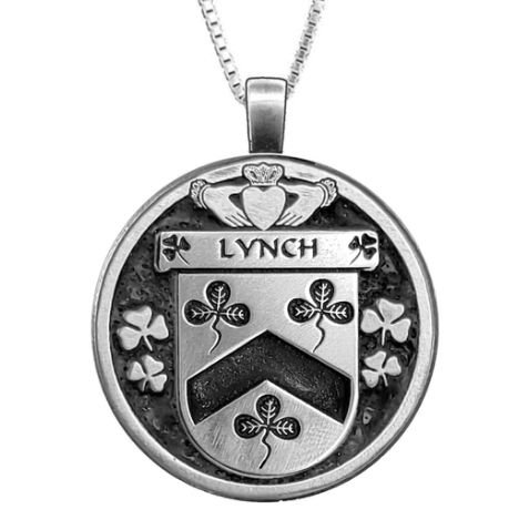Image 1 of Lynch Irish Coat Of Arms Claddagh Round Silver Family Crest Pendant