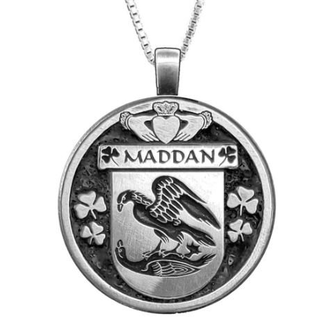 Image 1 of Madden Irish Coat Of Arms Claddagh Round Silver Family Crest Pendant