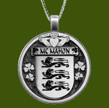 Image 0 of McMahon Irish Coat Of Arms Claddagh Round Pewter Family Crest Pendant