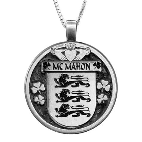 Image 1 of McMahon Irish Coat Of Arms Claddagh Round Pewter Family Crest Pendant