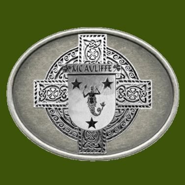 Image 0 of McAuliffe Irish Coat of Arms Oval Antiqued Mens Stylish Pewter Belt Buckle