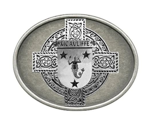 Image 1 of McAuliffe Irish Coat of Arms Oval Antiqued Mens Sterling Silver Belt Buckle