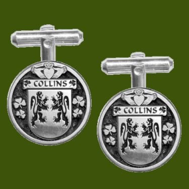 Image 0 of Collins Irish Coat Of Arms Claddagh Stylish Pewter Family Crest Cufflinks