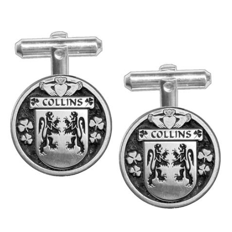 Image 1 of Collins Irish Coat Of Arms Claddagh Stylish Pewter Family Crest Cufflinks