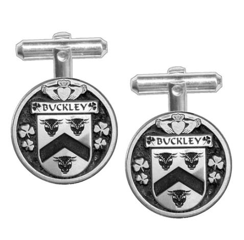 Image 1 of Buckley Irish Coat Of Arms Claddagh Sterling Silver Family Crest Cufflinks