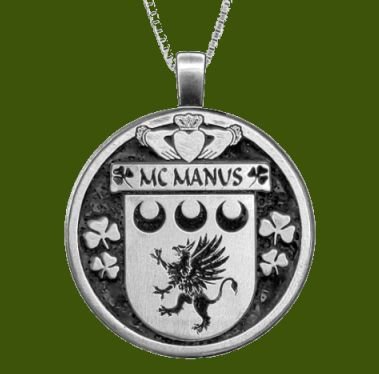 Image 0 of McManus Irish Coat Of Arms Claddagh Round Pewter Family Crest Pendant