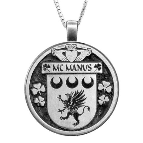 Image 1 of McManus Irish Coat Of Arms Claddagh Round Pewter Family Crest Pendant