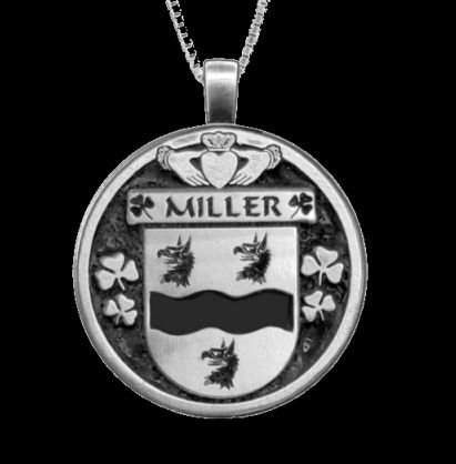 Image 0 of Miller Irish Coat Of Arms Claddagh Round Silver Family Crest Pendant