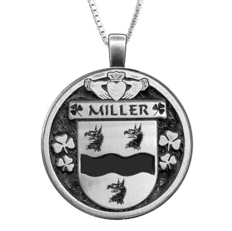Image 1 of Miller Irish Coat Of Arms Claddagh Round Silver Family Crest Pendant