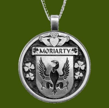 Image 0 of Moriarty Irish Coat Of Arms Claddagh Round Pewter Family Crest Pendant
