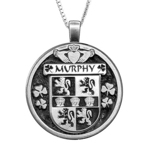 Image 1 of Murphy Irish Coat Of Arms Claddagh Round Silver Family Crest Pendant