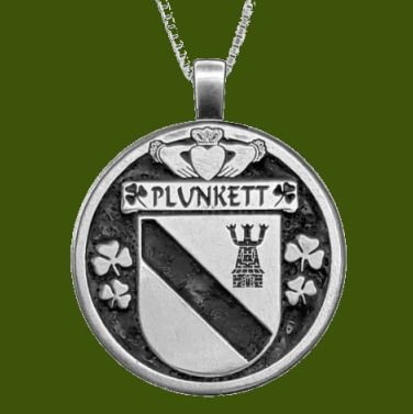 Image 0 of Plunkett Irish Coat Of Arms Claddagh Round Pewter Family Crest Pendant