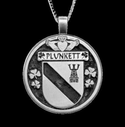 Image 0 of Plunkett Irish Coat Of Arms Claddagh Round Silver Family Crest Pendant